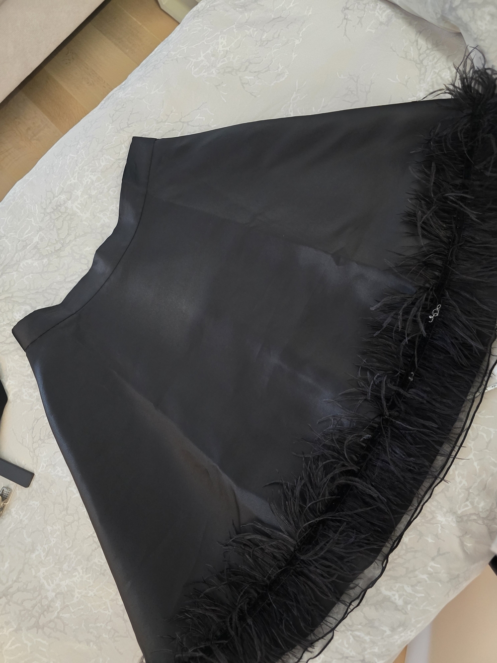 Front Row Couture Black Feather Trim Satin Skirt